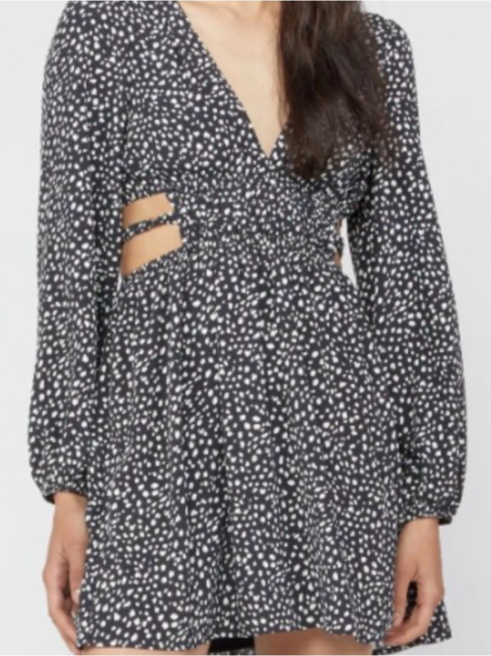 Forever 21 Black & White Dotted Long-Sleeve ballon arms Mini Dress cut outs LG